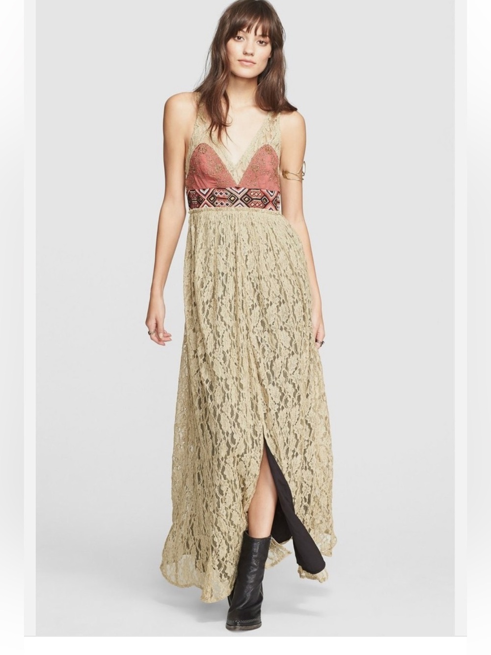 $420 Free People Crushed Gold Lace Boho Maxi Dress size 6 FITS LIKE 4